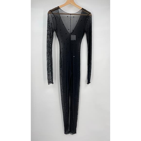 Oseree | NWT Crystal Jumpsuit in Black Gem Mesh Sheer Catsuit Bling S - Picture 2 of 10